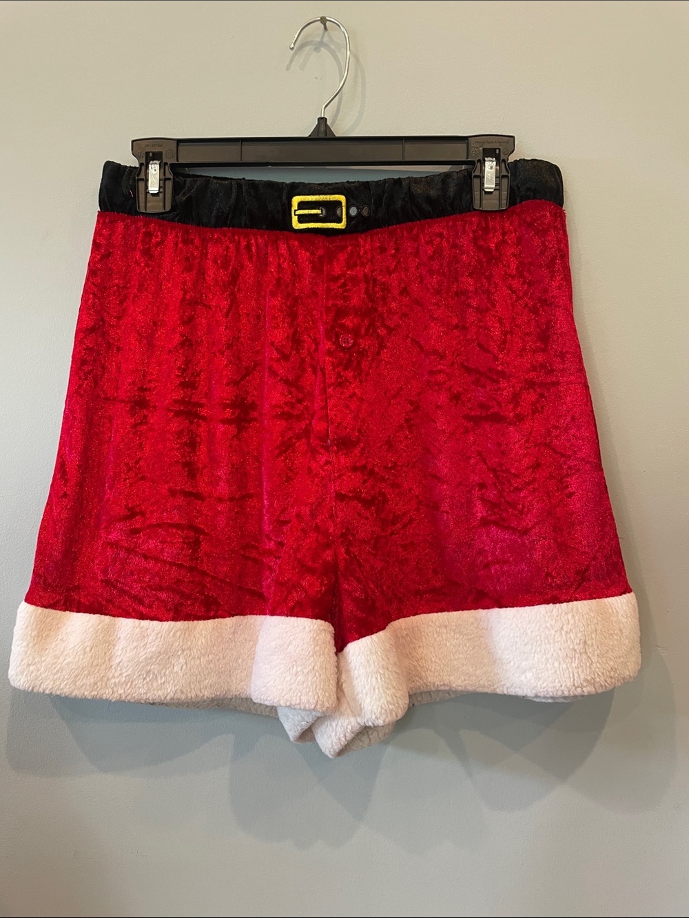 Red Santa Plush Holiday Shorts with Black Waistband & Gold Buckle men’s large